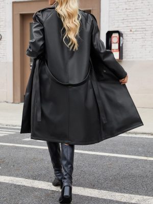 Leather Jacket Women Trench Coat Long Loose Button Lined Jacket Open Front Faux Motorcycle Coat with Belt