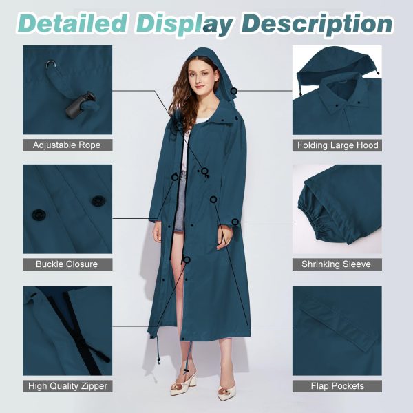 Womens Long Raincoats Waterproof Rain Jacket Lightweight Breathable Hooded Windbreaker