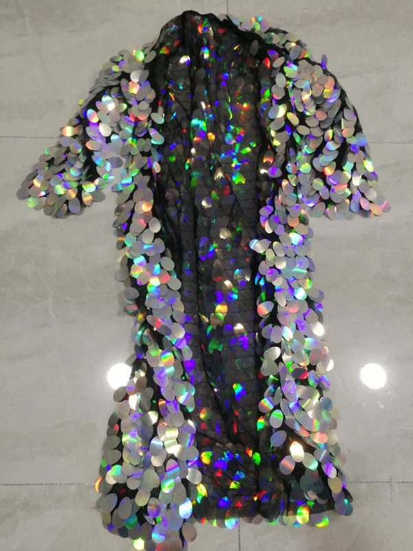Female Long Sequins Coats Loose Long Sleeve Gold Red Green Pink Silver Casual Jackets Prom Party Singer Dancer One Size