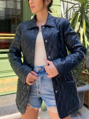 Womens Quilted Style Leather Coat Long Length Button-Up Coat Black Leather Shirt Style Coat For Womens