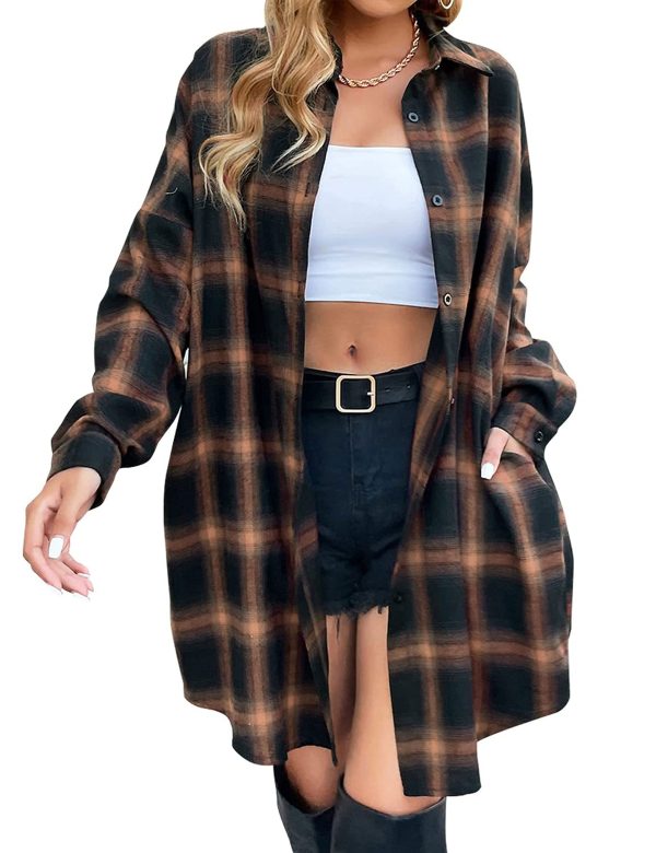Womens Button Down Flannel Plaid Shirts Mid Long Casual Boyfriend Buffalo Pockets Shirt Jacket Shacket Coat